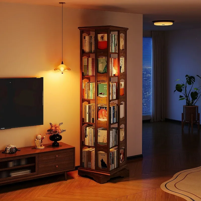 Solid wood 360-degree rotating bookshelf integrated against the wall, movable corner narrow bookcase