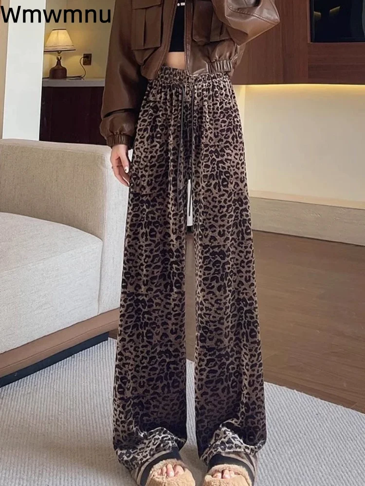 Leopard Print Velvet Pants Elastic High Waisted Women's Casual Pantalones Baggy Fashion Straight Wide Leg Trousers Calcas