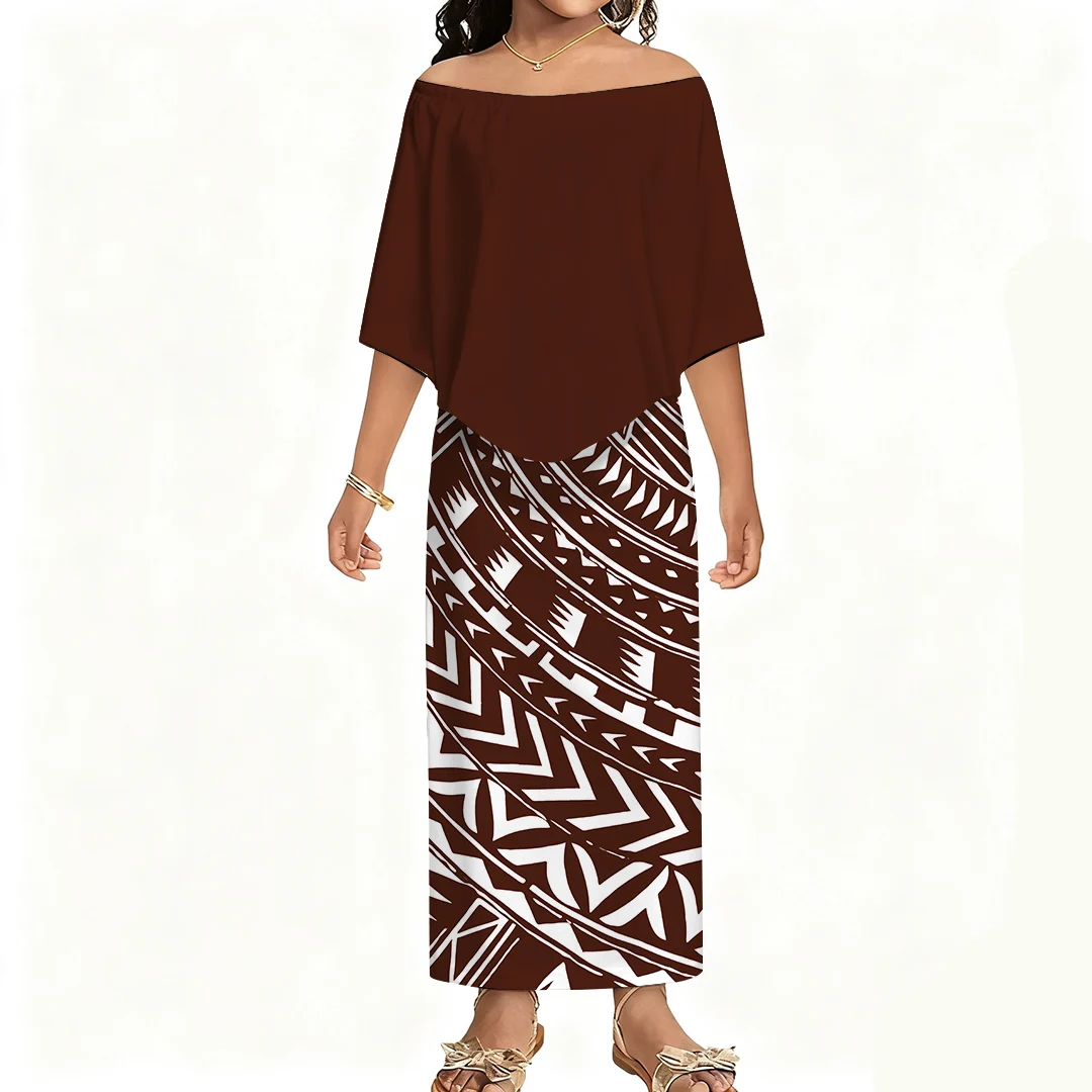 

Длинное платье с открытыми плечами и подолом для девочек, элегантное женское платье, полинезийская детская одежда с индивидуальным узором