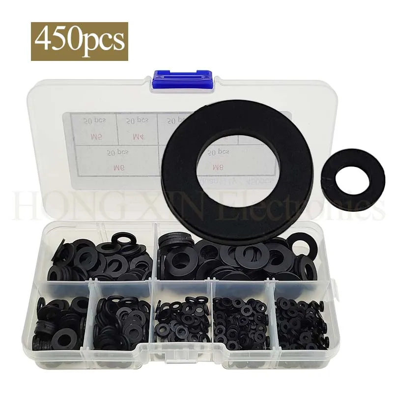 450Pcs Black Nylon Flat Washer Assortment Kit, for M2 M2.5 M3 M4 M5 M6 M8 Screw Bolt