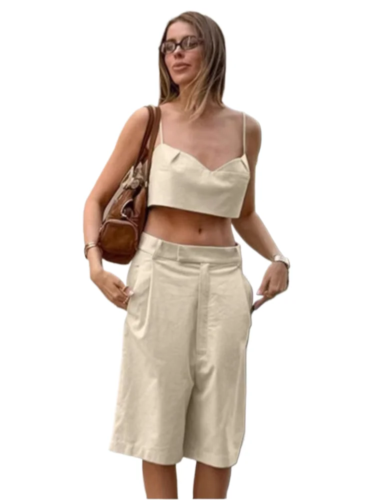 

Summer 2 Pieces Set For Woman Fashion Elegant Commuting Backless Solid Color Sleeveless Cropped Top And Wide Leg Pants Two Sets