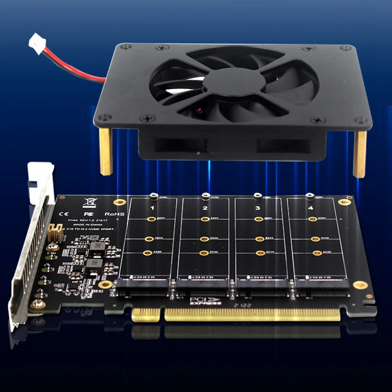NVME PCIe Adapter Card X16 for M.2 M-Key SSD RAID Array 4-Port Splitter with Cooling Fan for Motherboard Expansion