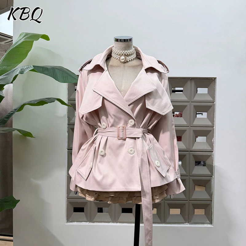 

KBQ Korean Style Solid Spliced Belts Tunic Trench for Women Lapel Long Sleeve Patchwork Pockets Chic Coat Female Fashion Autumn