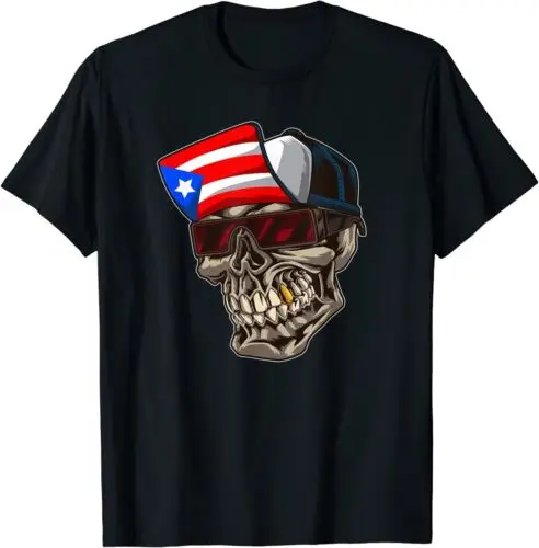 Cool Puerto Rican Skull With Puerto Rico Flag Gift Tee T-Shirt S-5XL