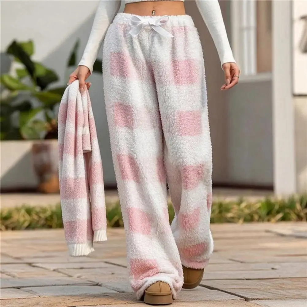 2026 Women Plaid Wide Leg Pants, Drawstring High Waist Thick Coral Fleece Warm Loungewear, Anti-Pilling Casual Pajama Bottoms fo