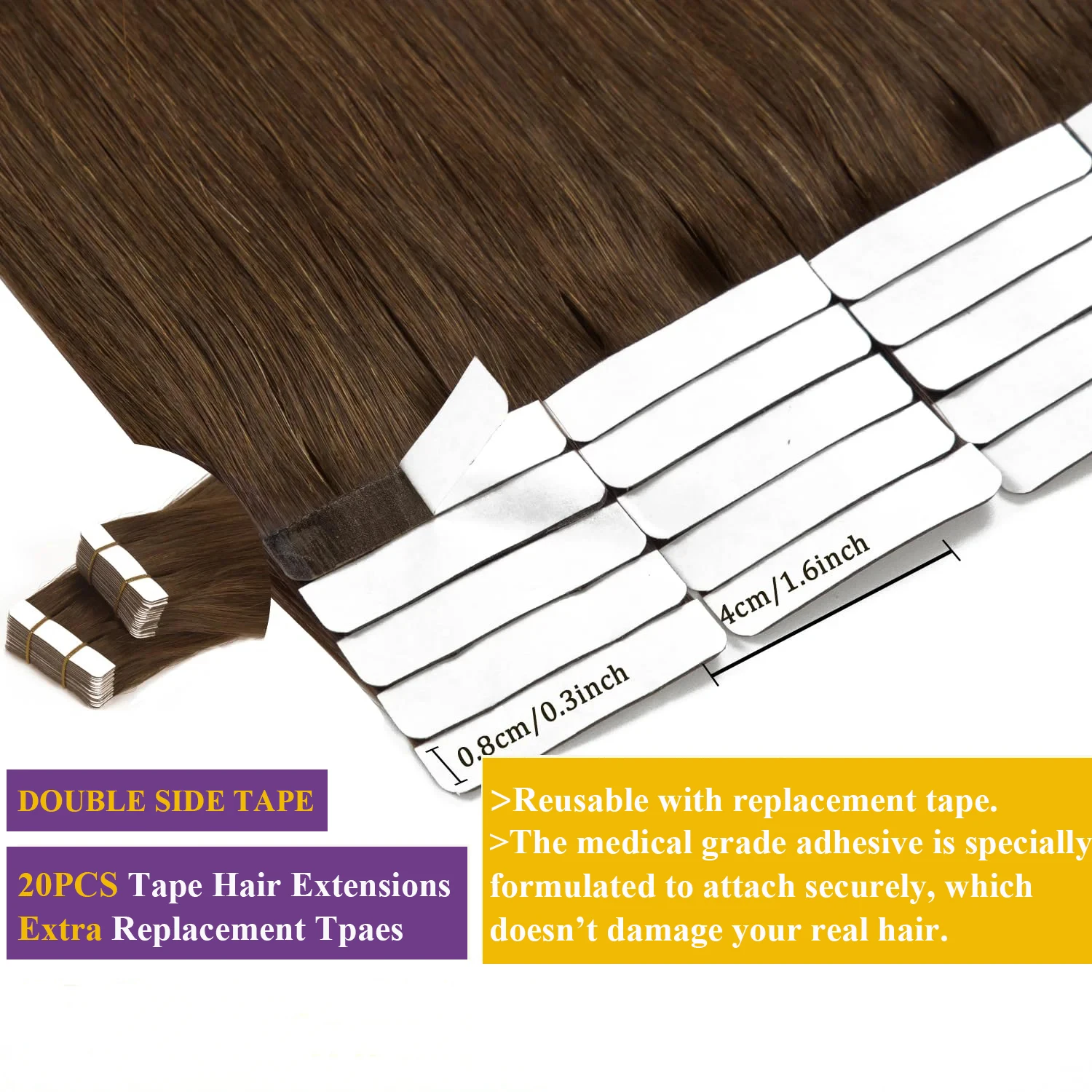 Fita em extensões de cabelo cabelo humano remy sedoso em linha reta jato preto 20 unidades/pacote fita de cabelo marrom escuro ins extensões de cabelo adhensive