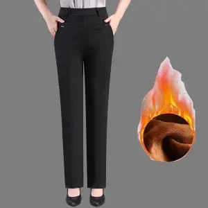 Brand Casual Pants Woman Winter Fleece Fashion High Waist Elegant Slim Black Straight Pants Thicken Large Size Trousers