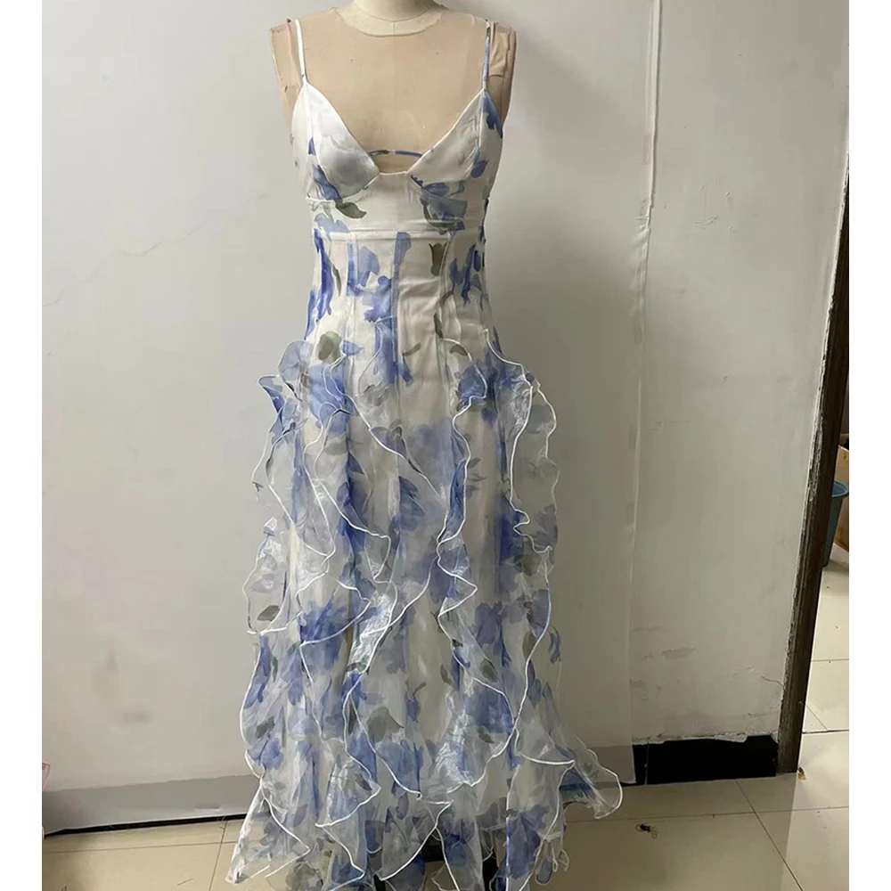 여성용 플로럴 로우 컷 원피스 홀터, 부드러운 바람 원피스 슬리밍 백리스 홀터, 슬릿 아웃 바닥 길이 원피스, 프렌치 여름