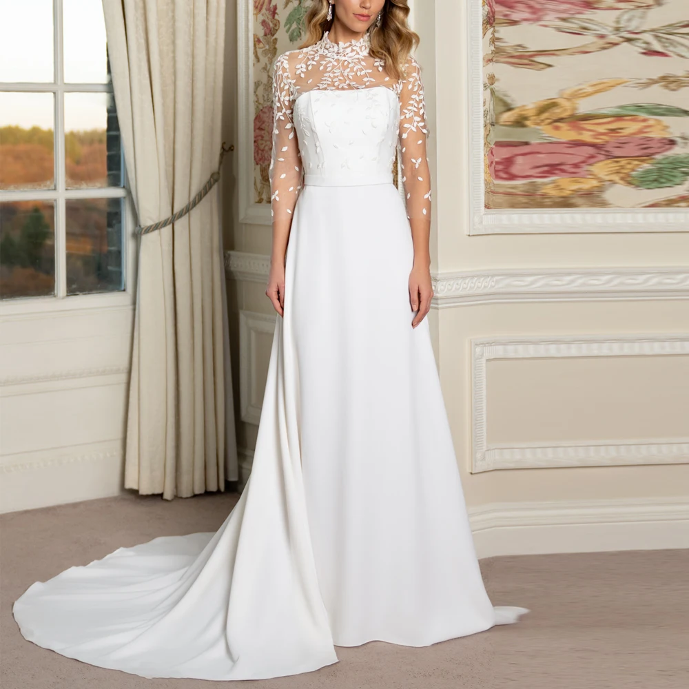 Customized Wedding Dress with Lace Appliques Illusion Neckline 3/4 Sleeve Bride Gown Button Back Satin vestidos de novial