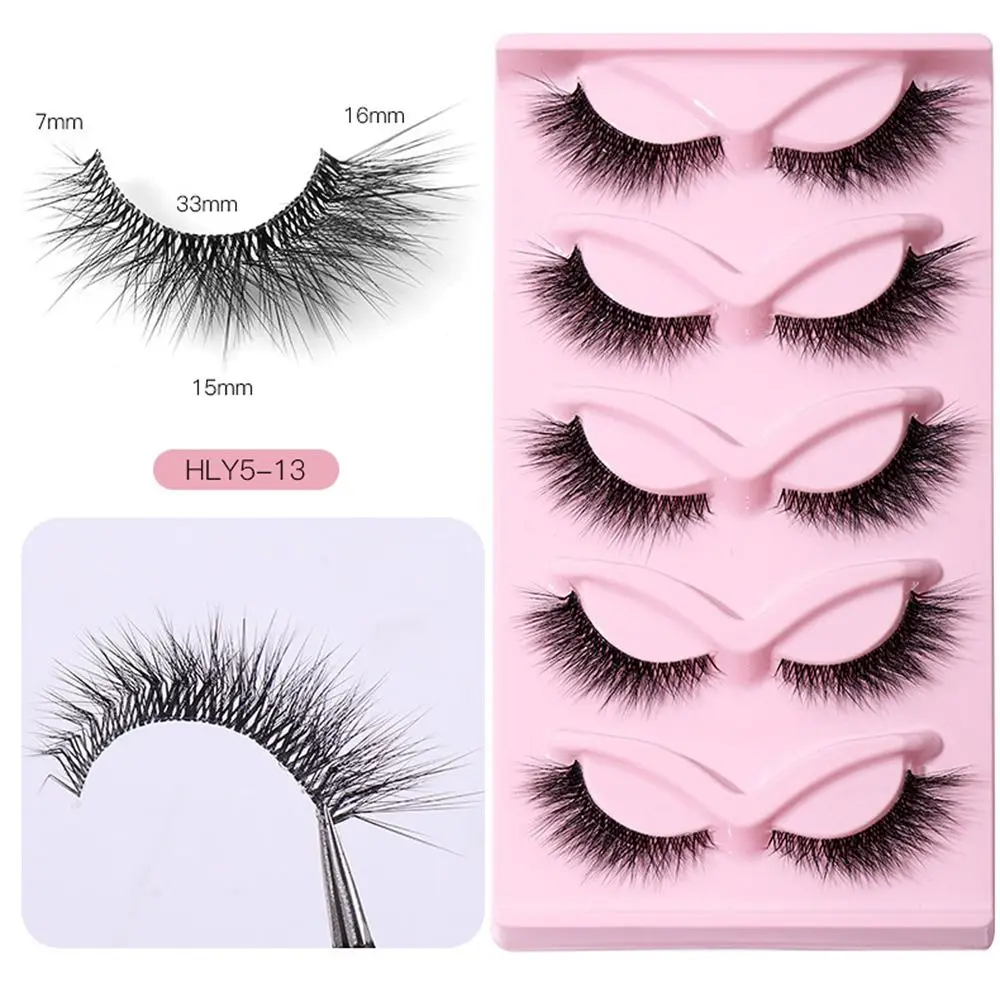 5 Pair 3D L Curl False Eyelashes Full Strip Oblique Cat Eye Fake Lashes Eye Tail Lengthening Wispy Faux Mink Lashes Women