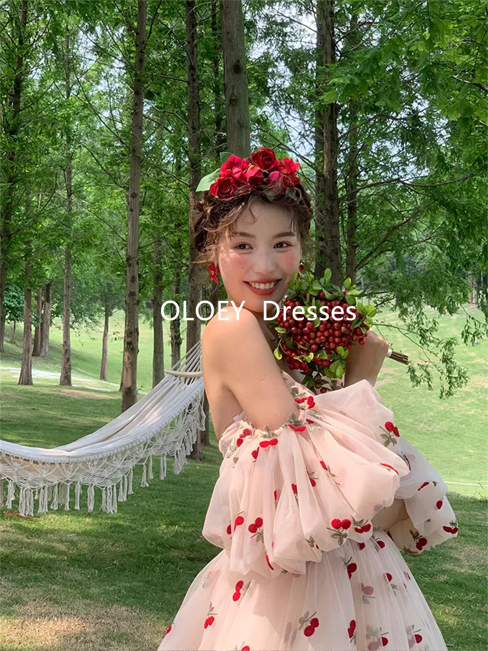 OLOEY Fairy A Line Cherries Floral Wedding Dresses Korea Photoshoot Floor Length V Neck Bridal Gowns with Sleeves Customized