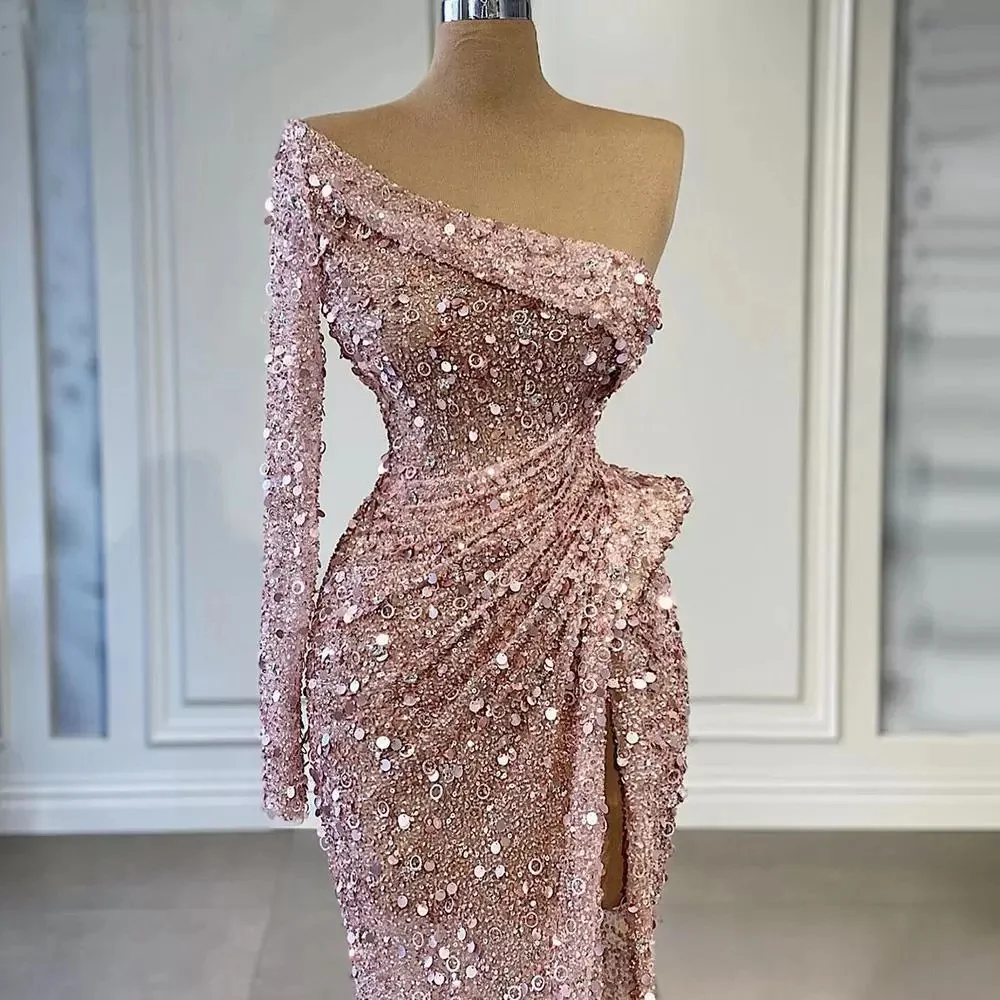 Sparkly Pink paillettes Mermaid Prom Party Dresses una spalla Sexy Front Split Sweep Train abiti da sera per occasioni formali muslimah