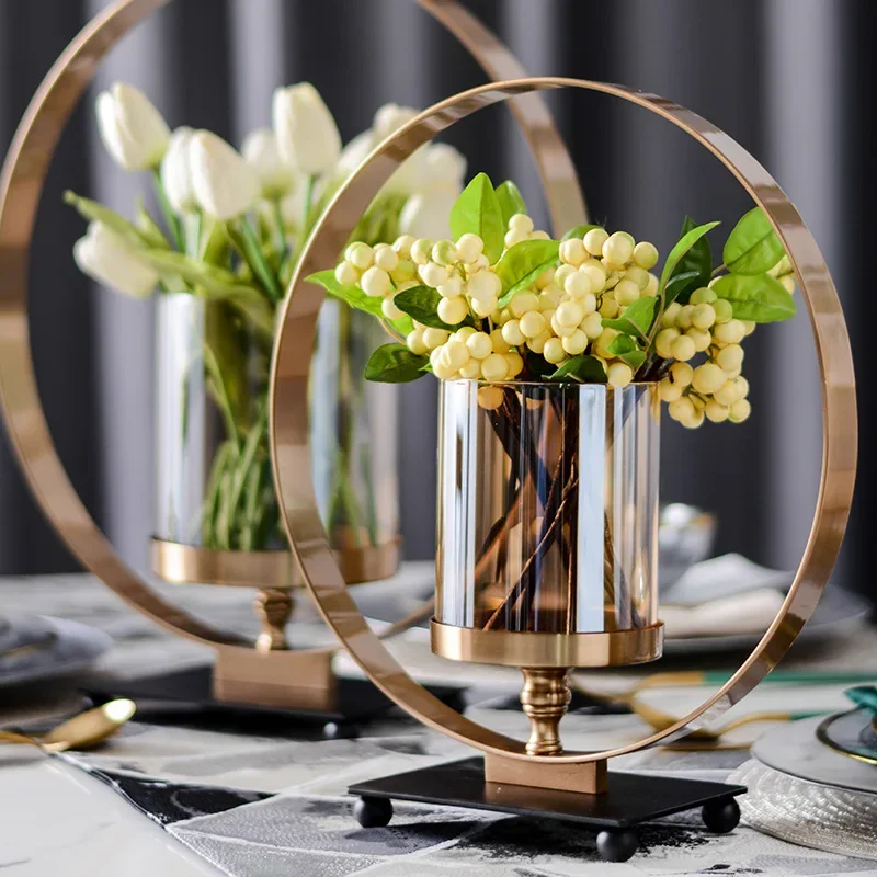 

Metal Vase Flower Glass Candlestick Restaurant Desktop Gold Luxury Nordic Modern Vases Decoration Household Living Room Gift