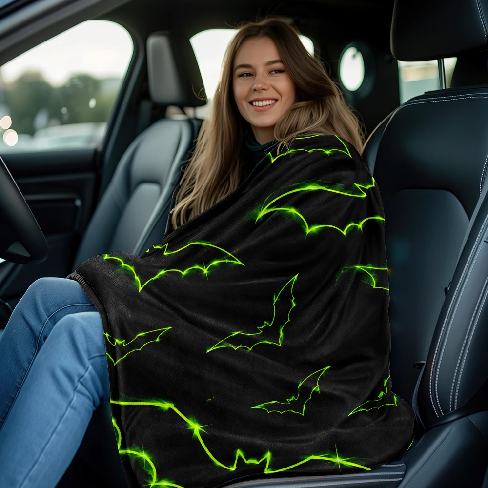 Black Neon Green Bats Soft Flannel Blanket Warm Cozy Throw Blanket for Bedroom Living Room Fuzzy Plush Bedspread Gift for Family - view 5
