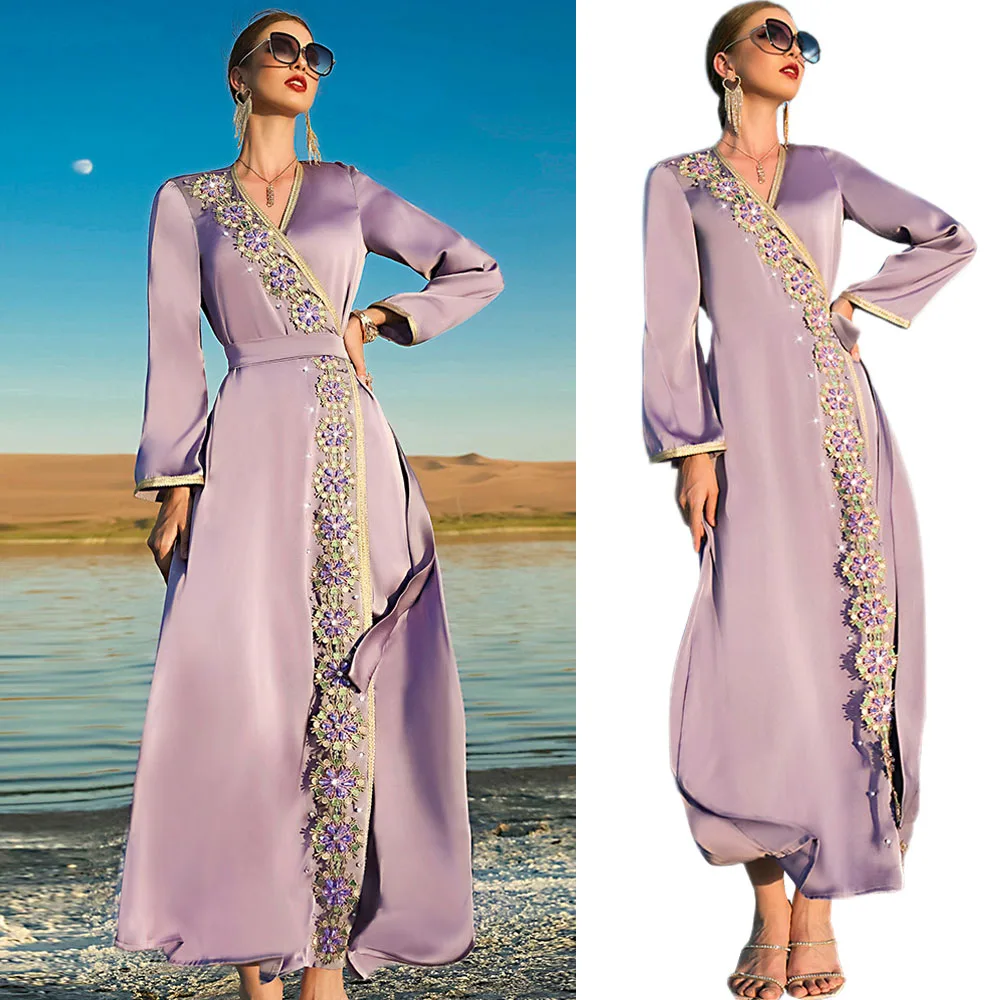 

Luxury Rhinestone Women Long Dress Dubai Islamic Party Gown Satin Ethnic Maxi Robe Ramadan Abaya Arab Kaftan Holiday Wrap Dress