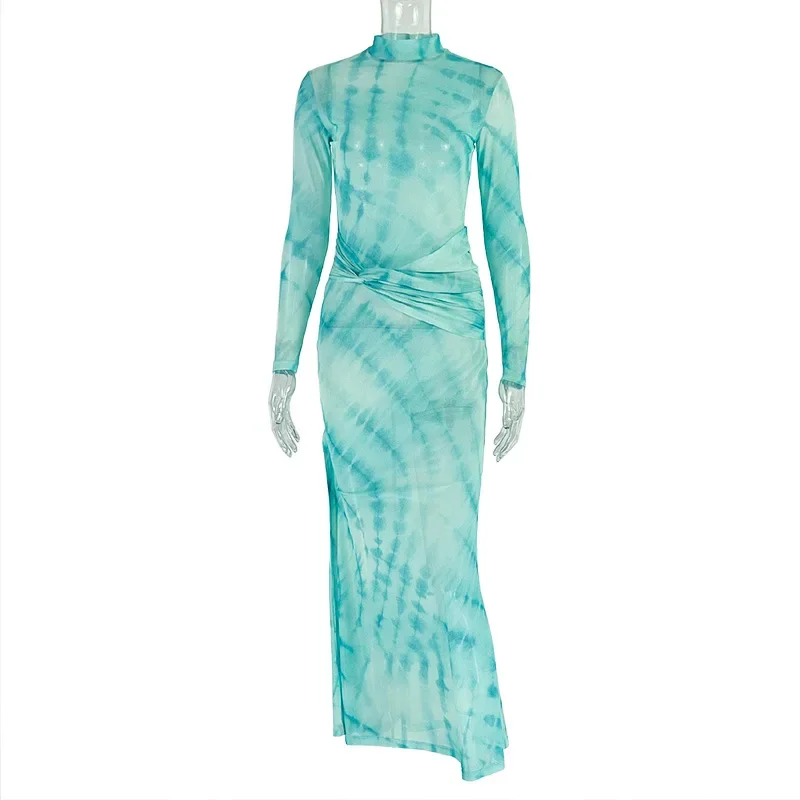 2025 Autunno Donna Tie Dye Stampa Sheer Mesh Bodycon Maxi abito Mezza collo alto Manica intera Twist Increspato Slim Club Party Abito lungo