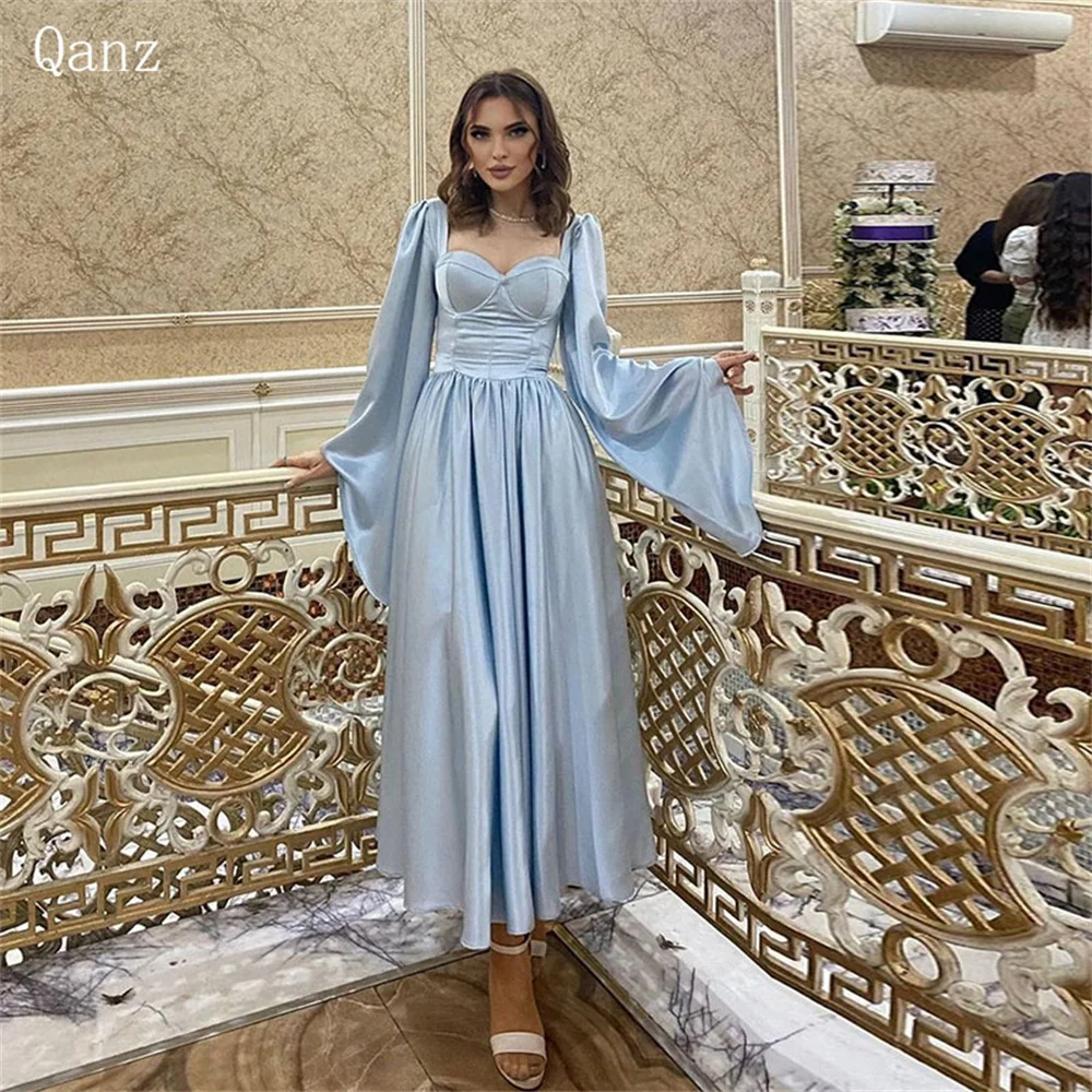 

Qanz Modern Blue Prom Dresses Long Sleeves Satin Ankle Length Vestido Largo Elegante Sweetherat A Line Party Dress Women 2024