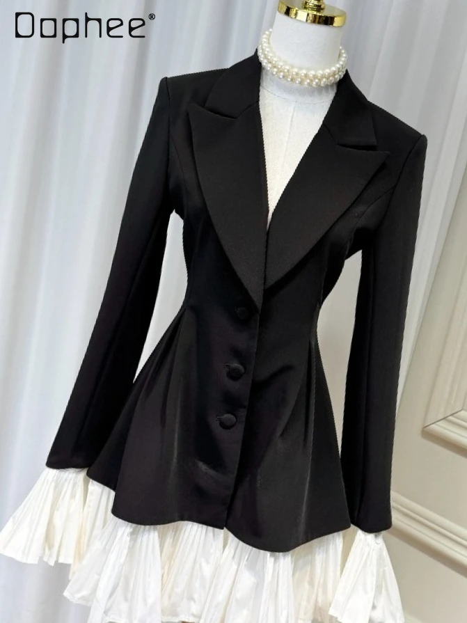 

French Elegant Socialite Blazer Hepburn Style Fashion Ruffled Trim Patchwork Long Sleeve Cross Collar Slim Mid-Length Blazer