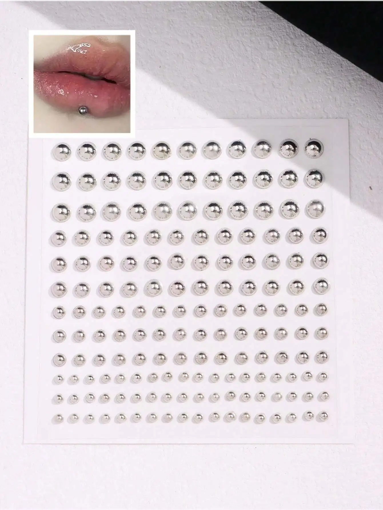 165 piezas/set de anillos de nariz falsos de acrílico plateado de 3-6 mm, pegatinas de cejas y labios falsos, joyería corporal sin perforación, para la cara
