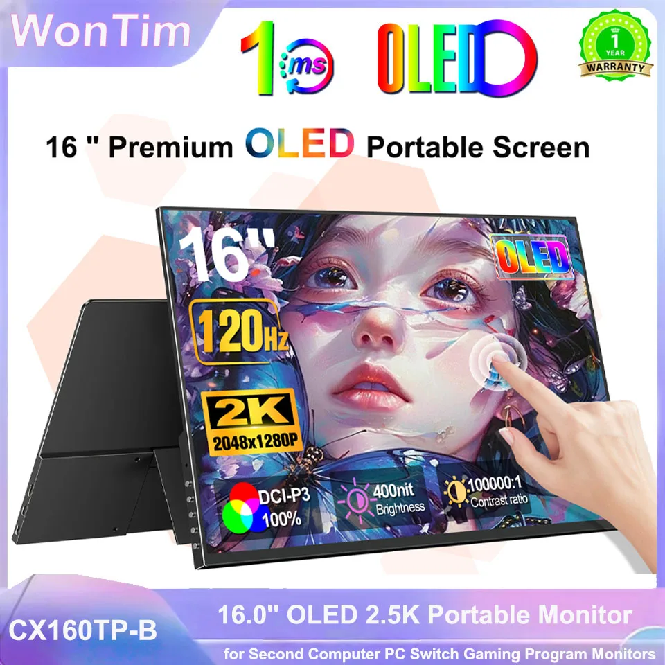 Портативный OLED-монитор WonTim 16.0'' 2560x1600p с металлической рамкой и подставкой, 100% DCI-P3, для офиса и путешествий, расширитель экрана для ноутбуков и Mac.