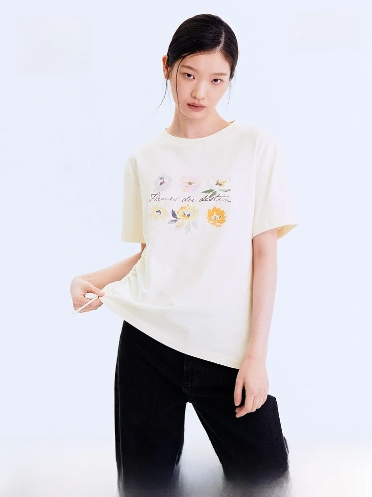 

Женская футболка H&M, лето 2026, для активного отдыха, повседневный стиль, с коротким рукавом, декоративными завязками, свободный крой, из смесового хлопка