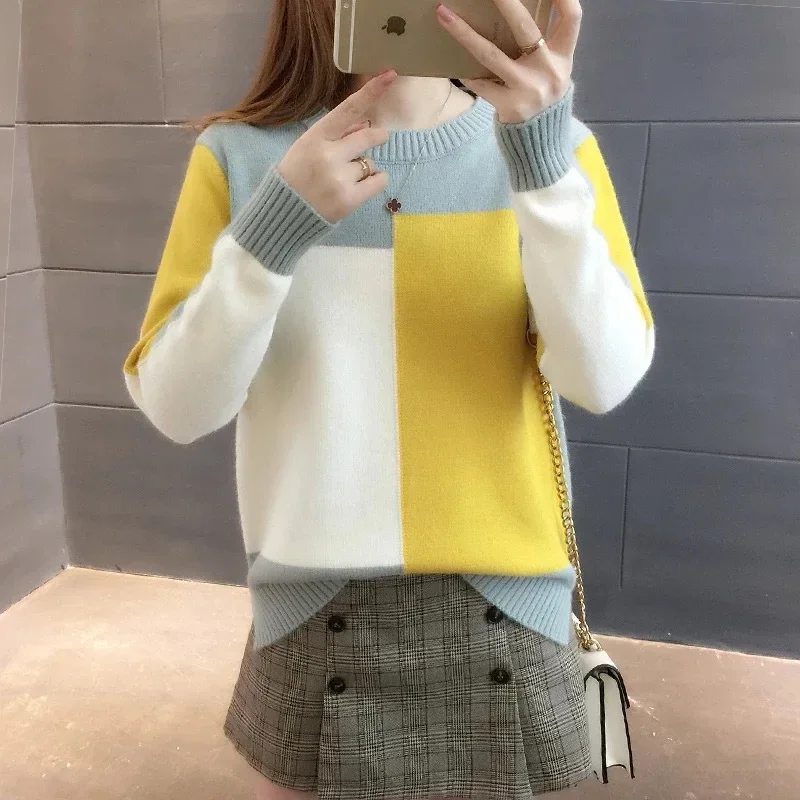 

Nice 2025 Women's Clothing Autumn Winter Jumpers Sweaters New Dopamine Candy Hoodie Blocked Long Sleeve Knitted Bottom Top Pullo