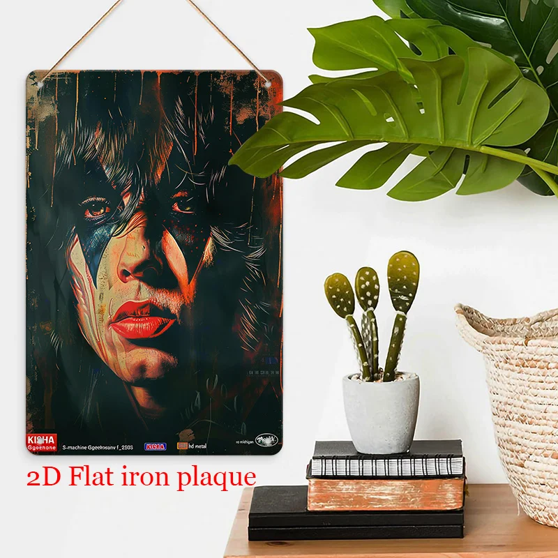 Iron Metal Wall Art Sign -  Rock-Themed Edgy Portrait with Bold Makeup,Intense Expression, Durable Iron Decor for Garage, for