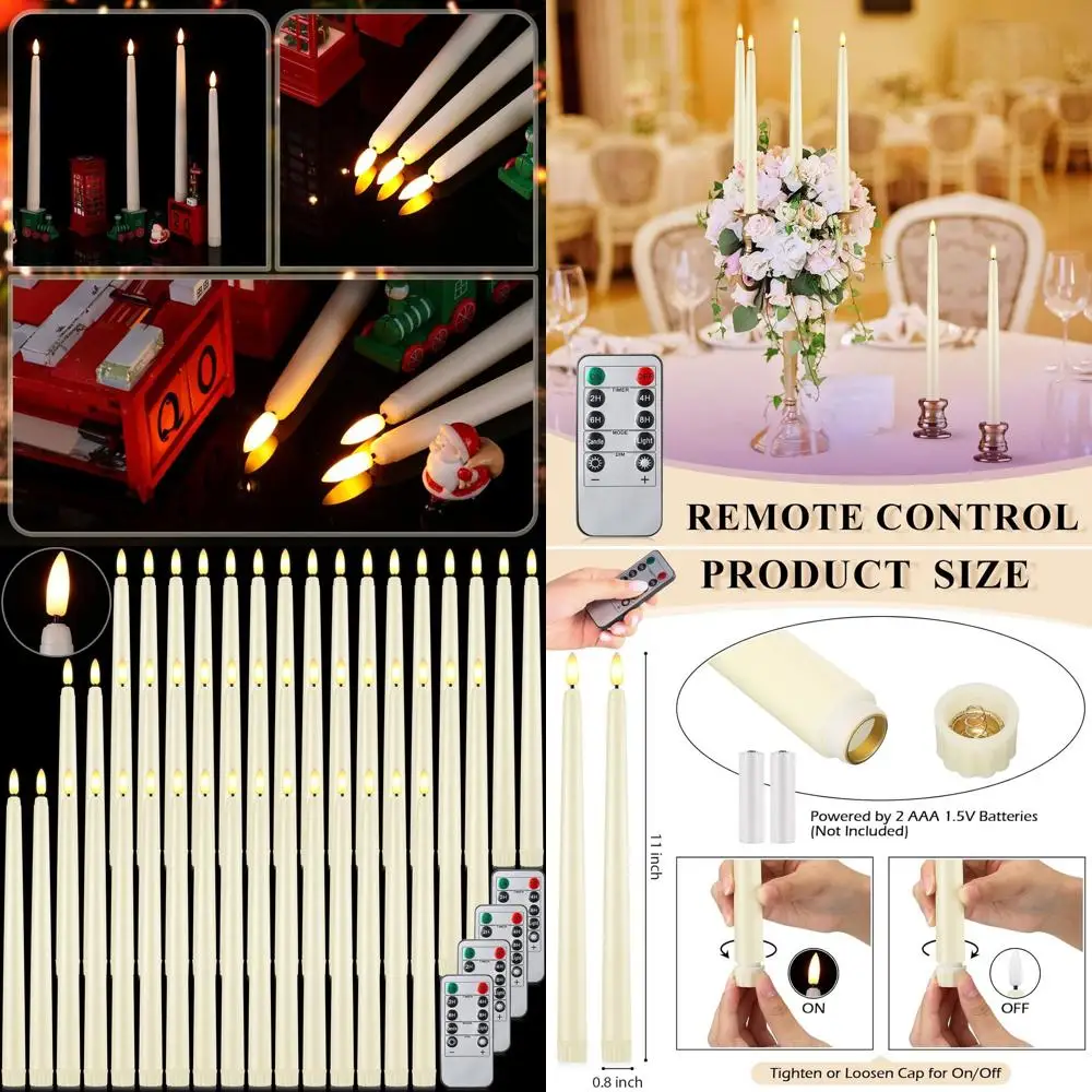 Juego de 48 Velas LED Cónicas a Pilas con Control Remoto, con Mecha 3D, 11 Pulgadas, Color Marfil, para Bodas y Navidad