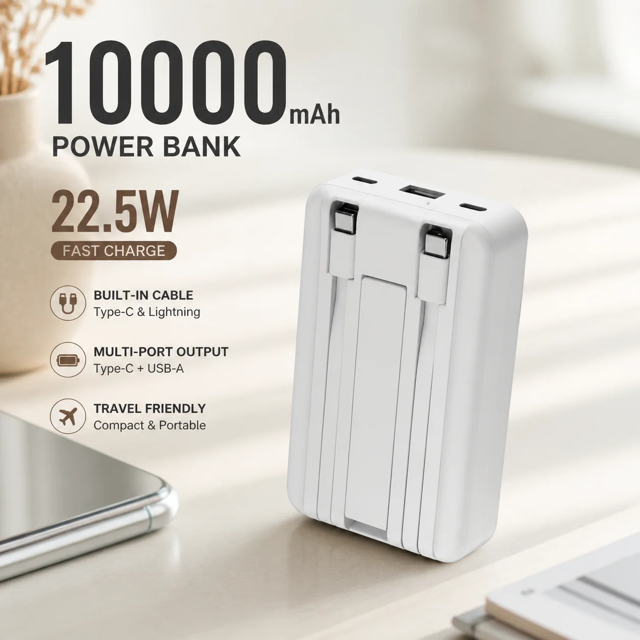 10000mAh Magnetic Power Bank Portable Charger with Cable and Stand, PD20W 22.5W Fast Charging Battery Pack