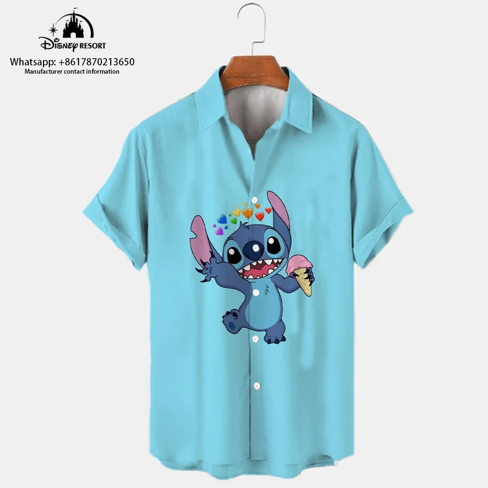 2024 New Street Style Men\'s Lapel Short Sleeve Single-Breasted Shirt Stitch Cartoon Print Casual Trend Versatile Top y2k