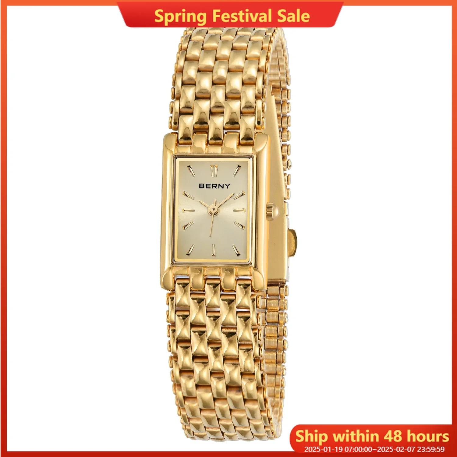 BERNY Gold Watch for Women Square Ladies Quartz Wristwatches Stainless Steel Women Small Gold Watch Luxury Casual Fashion Watch