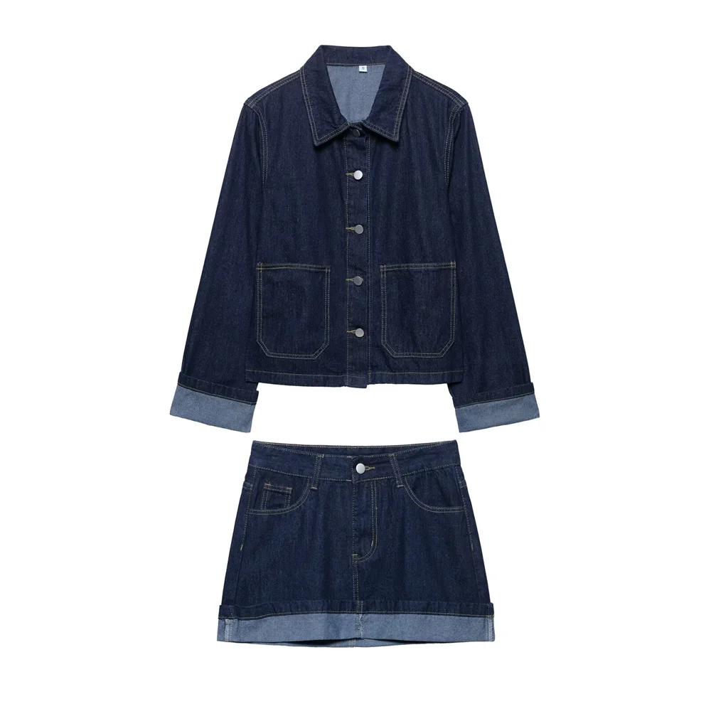 

PB&ZA 2025 Women's Dark Denim Long - Sleeve Button - Front Cropped Jacket and Mini Skirt Set for a Trendy and Stylish Look