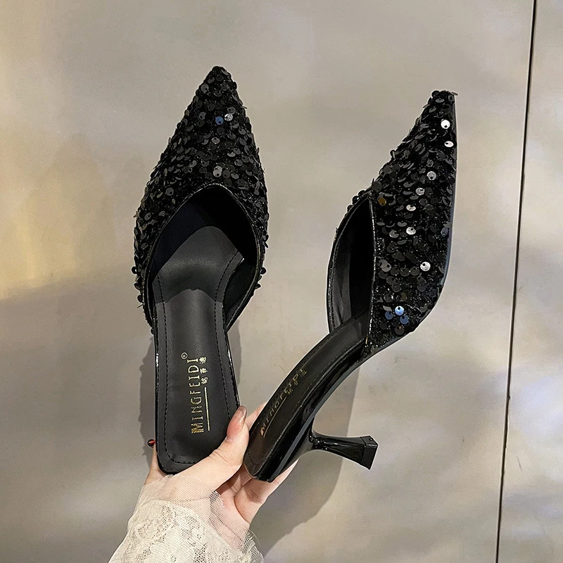 

2026New summer model: trendy rhinestone half-slippers, closed-toe sandals, high-heeled slippers for women to wear outside