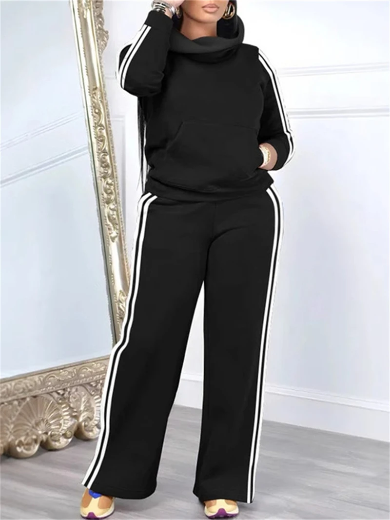 Street Fleece 2 Piece Sets Women Outfit Fall Clothes 2024 Women Side Striped Pullover Sweatshirt Top Pants Sets Casual Sweatsuit