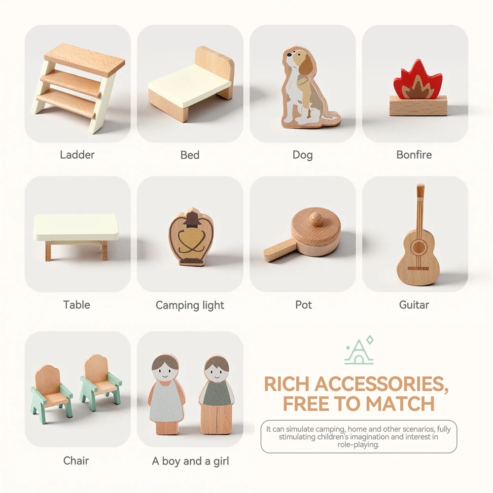나무 캠핑 차량 장난감 세트 아기 몬테소리 장난감 만화 블록 장면 배치 놀이집 게임 어린이 선물