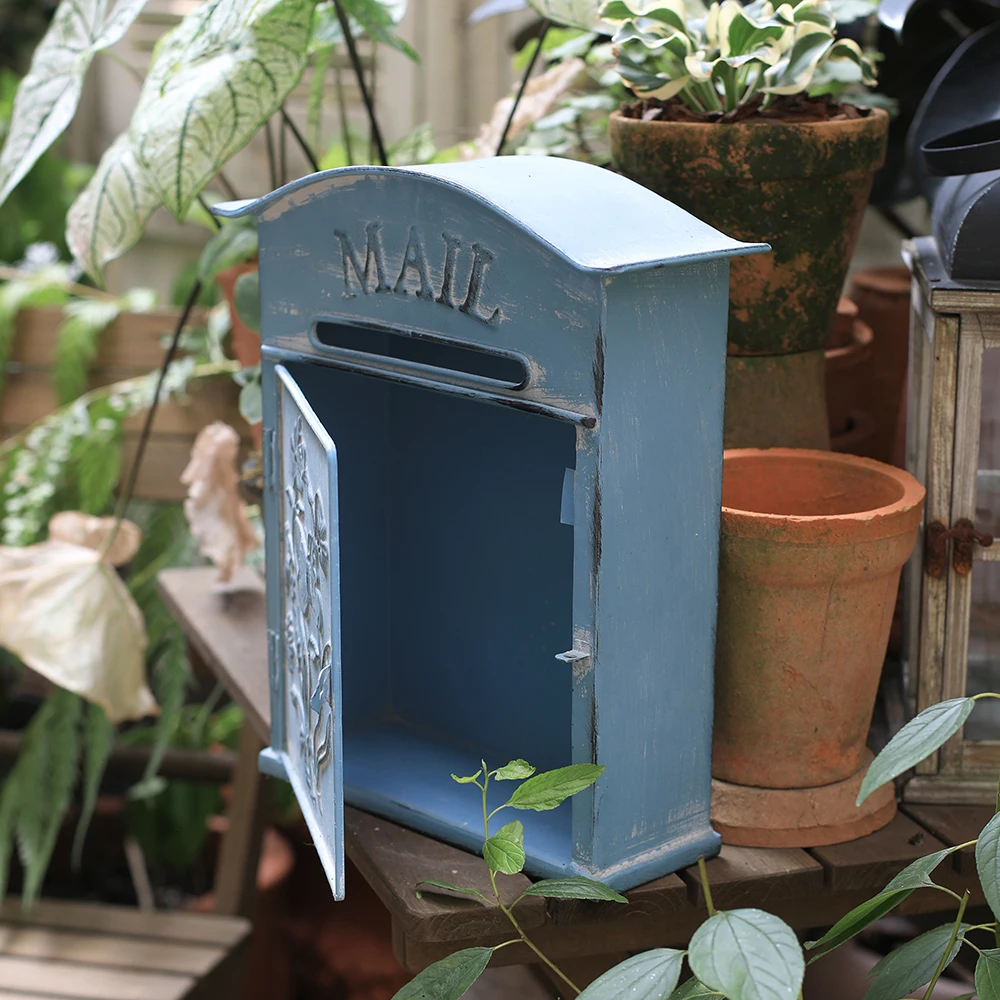 Blue Three-dimensional Relief Mailbox Ironwork Retro Garden Wall-mounted Mailbox Decorative Suggestion Box Fairy Garden