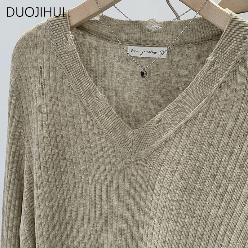 DUOJIHUI Classic V-neck Chic Striped Knitted Women Pullovers Autumn New Solid Color Long Sleeve Fashion Simple Female Pullovers