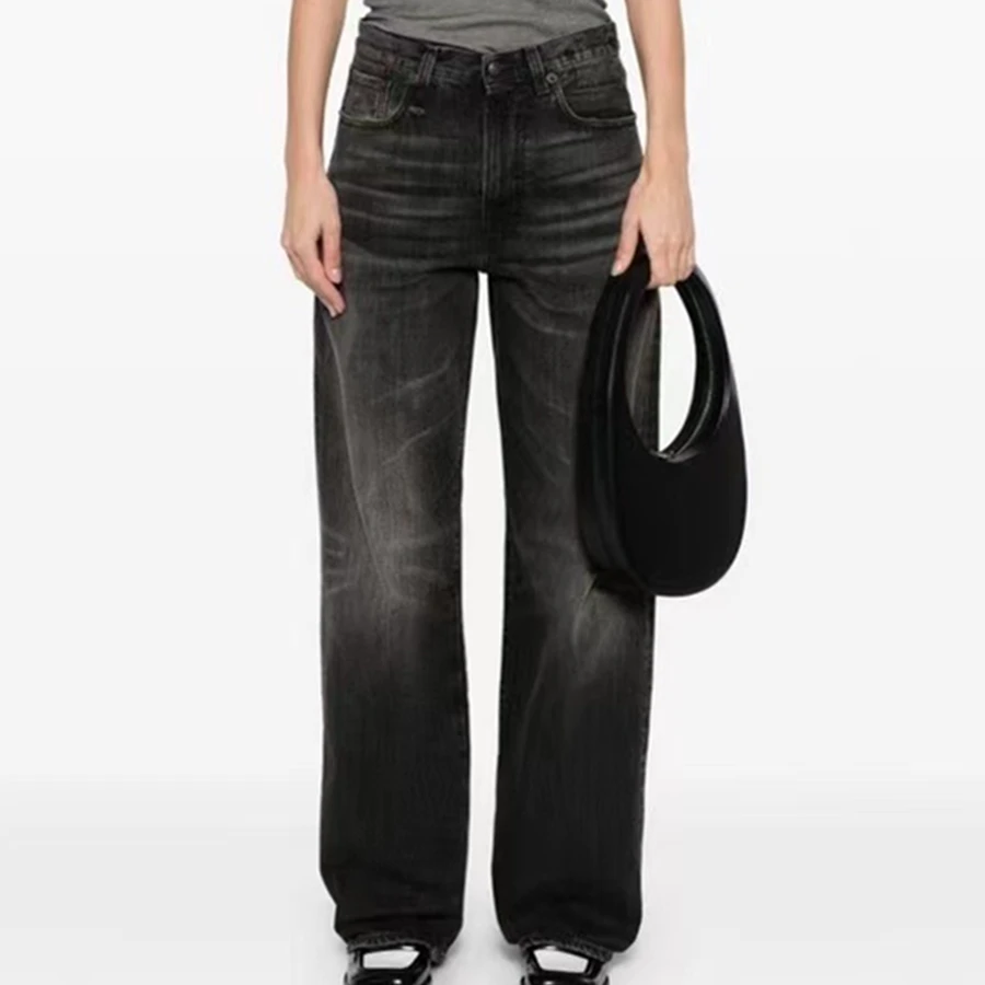 

Maxdutti French Minimalist High Waisted Deep Gray Distressed Wide Leg Straight Leg Denim Pants For Woman Clothes Vintage Jeans