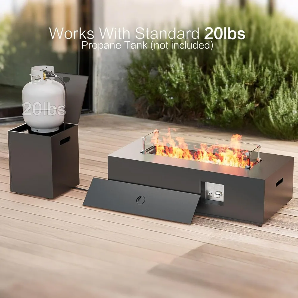 

Outdoor 42-inch Gas Fire Pit Table with 50,000 BTU, Glass Windguard, Rocks, and Waterproof Cover