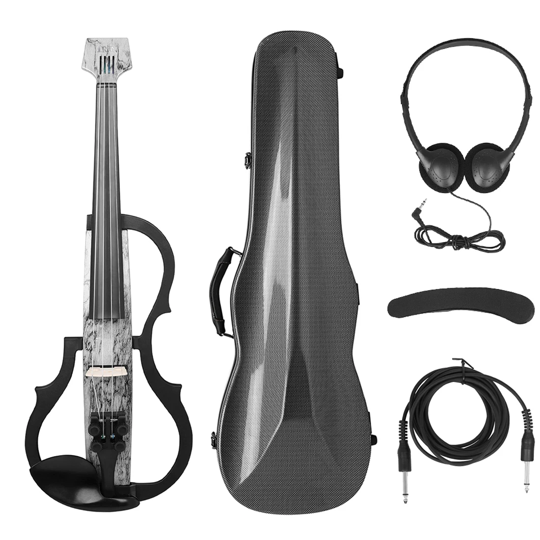 4/4 Electric Violin Professional Headless Carbon Fiddle Violin with Bow Carry Case Headphone Cable Shoulder Rest Accessories