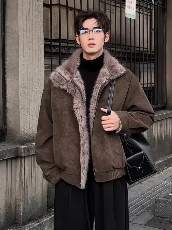 

Мужская модная зимняя куртка с меховым воротником, утепленная, свободного кроя, с воротником-стойкой, длинная, на молнии, из полиэстера