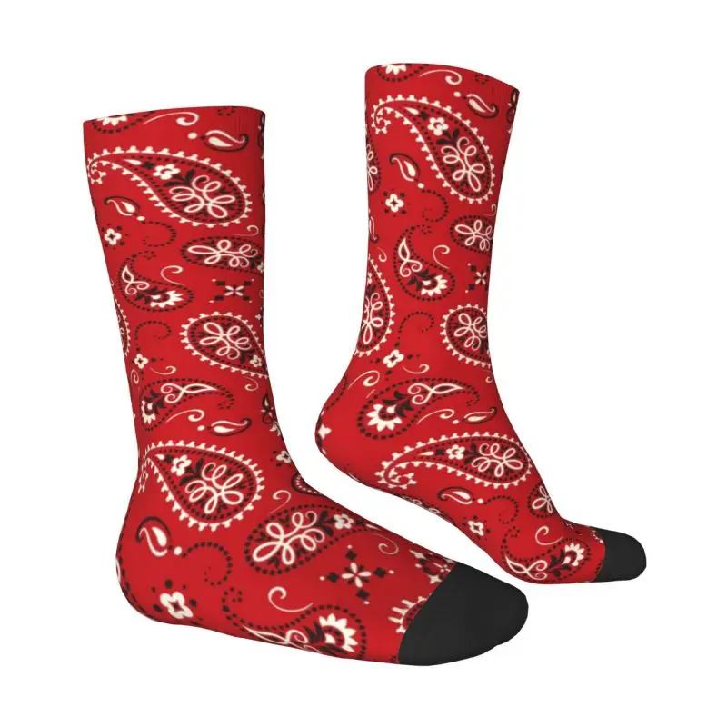 Fashion Red Bandana Paisley Pattern Mens Crew Socks Unisex Cool Spring Summer Autumn Winter Dress Socks