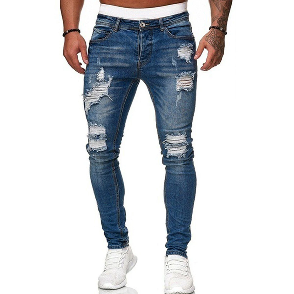 Jeans Men Fashion Street Pants Jeans Retro Hole Design Wash Solid Denim Trouse new Casual Streetwear Slim fit Pencil Denim Pants