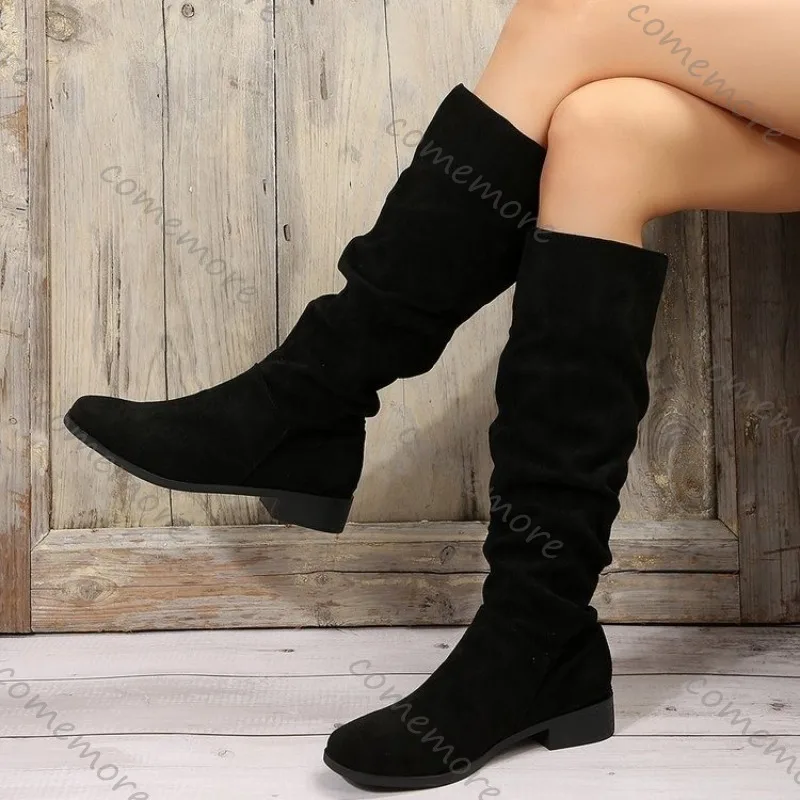 New Women\'s Boots Low-heeled Nude Pleated Suede High Boots Khaki Black Long Boots Large-size Round-toe Fashionable Boots Ladies