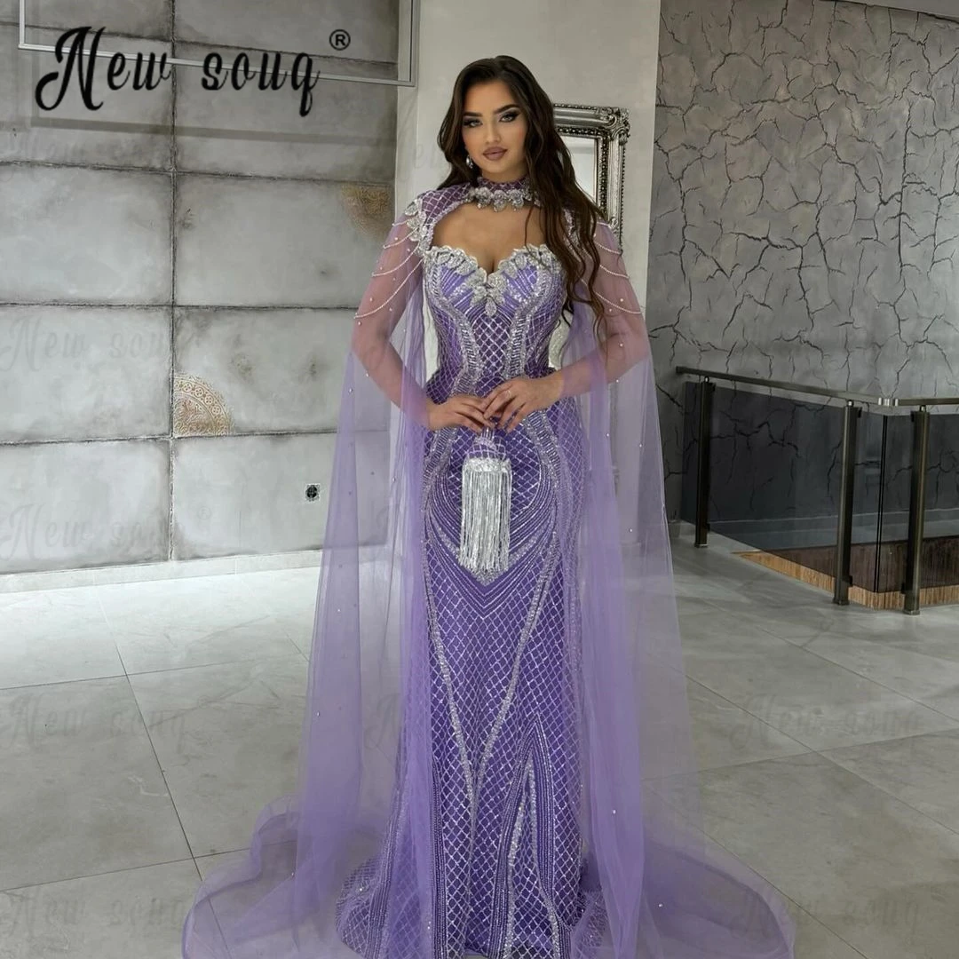 

Chic Purple Lilac Long Cape Sleeve Mermaid Evening Dress Solid Turtleneck Prom Dresses for Women Wedding Robes Bead Bal De Promo