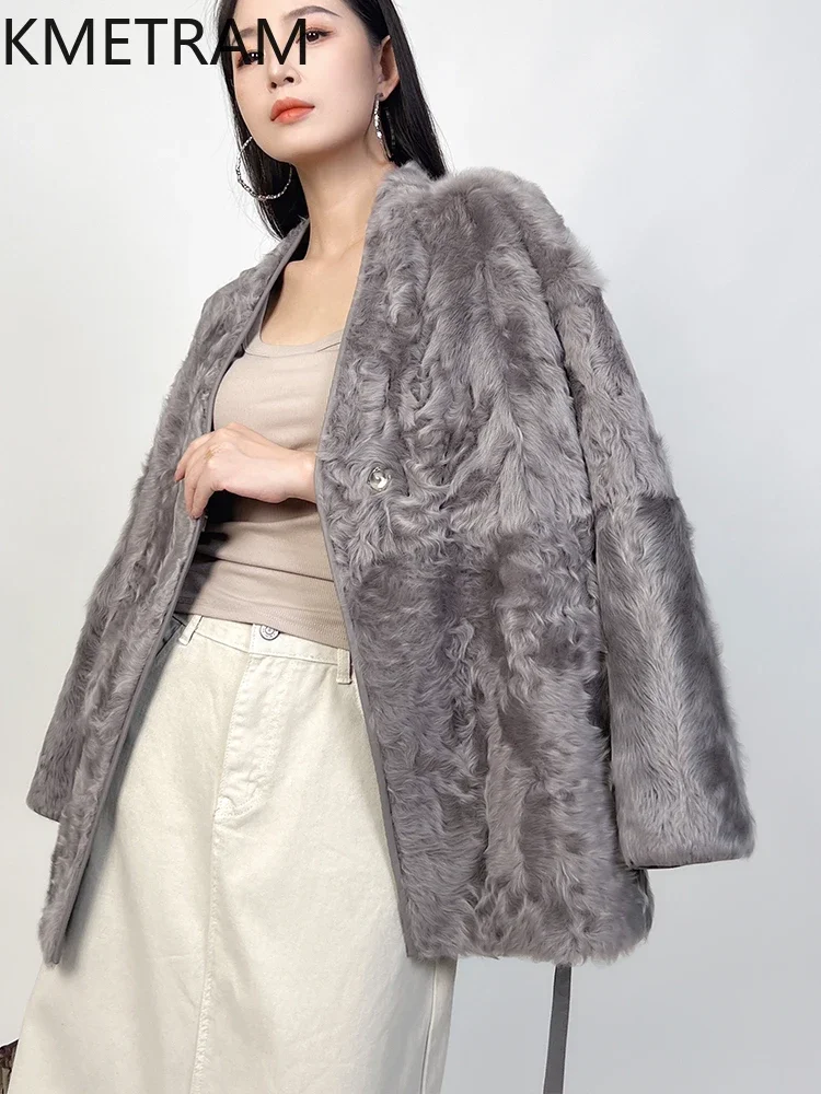 Natural Wool Sheepskin Double Faced Fur Coat Women 2024 Winter Clothes Grey Fashion Fur Jacket New in Outerwears шуба женская