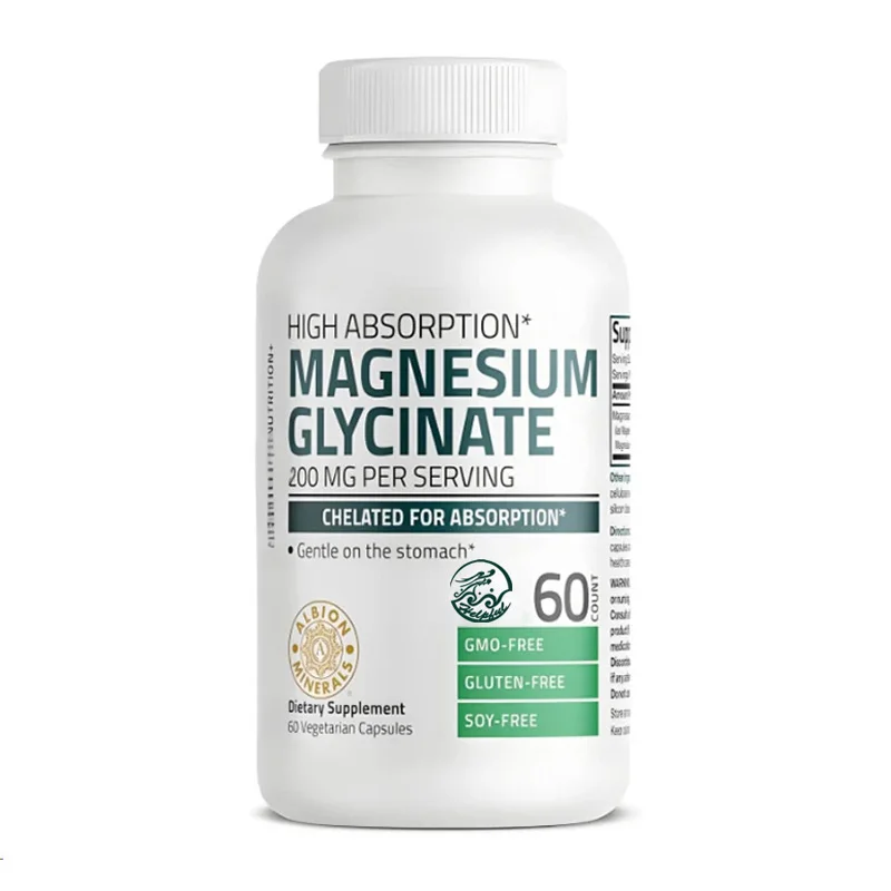 Glicina de magnesio, 200 miligramos por servicio, pasante de alta absorción, suave al estómago, no modificado geneticamente, 60 cápsulas