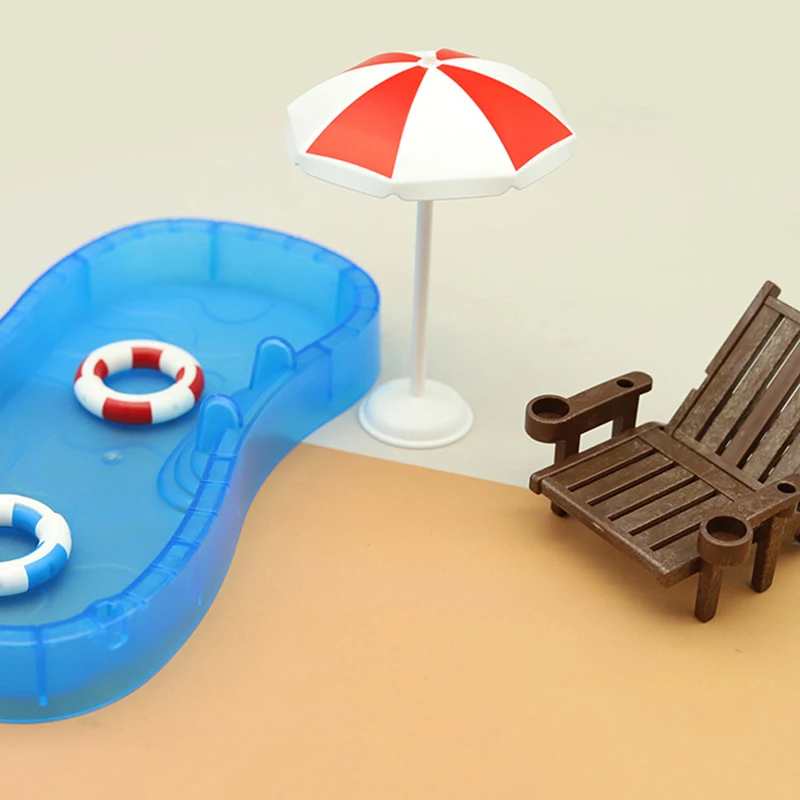 Mini piscina e cadeira de praia Set, Dollhouse Decoração Acessórios, Dollhouse Mini Toy Modelo, 1 Set, 1:12