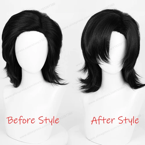 Imagen 2 del producto Peluca de pelo sintético de base media de 44cm para Cosplay, pelo negro, blanco, rojo, plateado, rosa, azul, pelos resistentes al calor para hombre y mujer