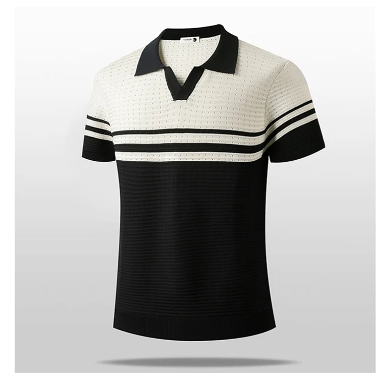 Men's Gradient Stripe Knit Polo Shirt Short Sleeve V Notch Lapel Collar Hollow Texture Summer Casual Top